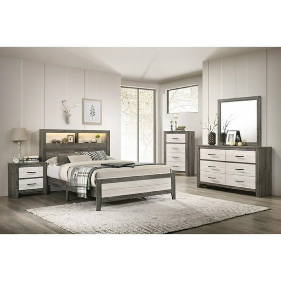 Transitional Style Two-tone Grey White Finish Queen Size 5pc Bed Dresser Mirror Nightstand Wooden Bedroom Furniture