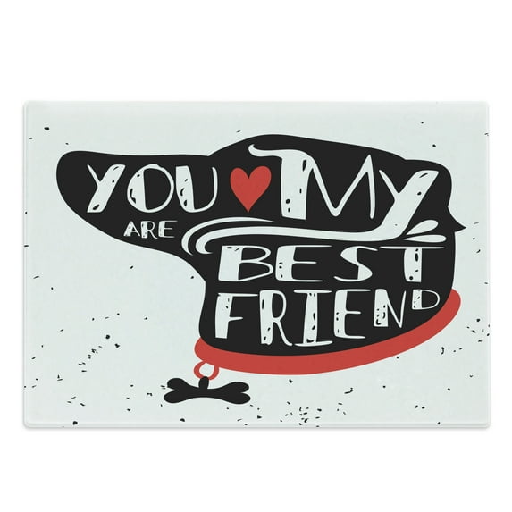 Best Friend Cutting Board, Hand Drawn Calligraphical Layout with a Dog Portrait, Decorative Tempered Glass Cutting and Serving Board, in 3 Sizes, by Ambesonne