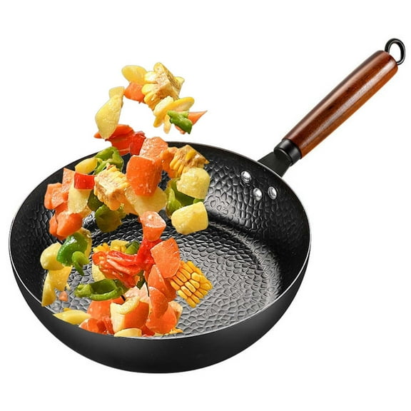 Wok pan, hand-hammered wok pan with wooden handle, cooking pan, non-stick frying pan for natural cooking, gas stove and induction stove