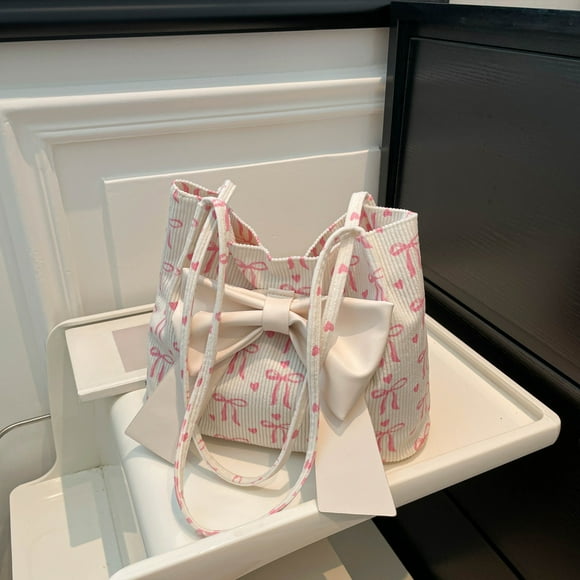 Bolso de Hombro de Lona con Lazo para Mujer, Correa Ajustable, Bolso de Poliéster Ligero, Gran Detalle de Lazo, 28x22x10cm, Negro Blanco Rosa