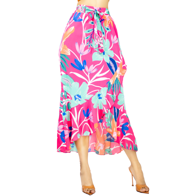 Falda Corte de Sirena con VOLANTES MALABIS COLOR FUCSIA de cintura alta unitalla