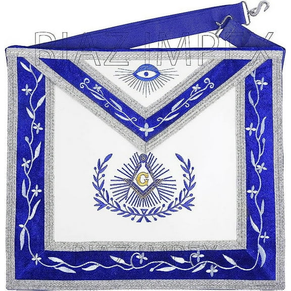 Masonic Master Mason Embroidered Apron Blue Border With White Faux Leather Interior