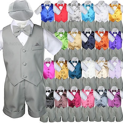 

Baby Boy Toddler Formal Vest Shorts Silver Suit Extra Vest Bow Tie 7pc Set S-4T