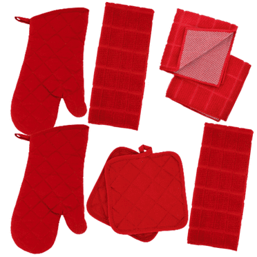 Kitchen Towels Set 2 Dish Towels, 2 Dish Cloth Scrubbers, 2 Potholders & 2 Oven Mitt (8, Red)