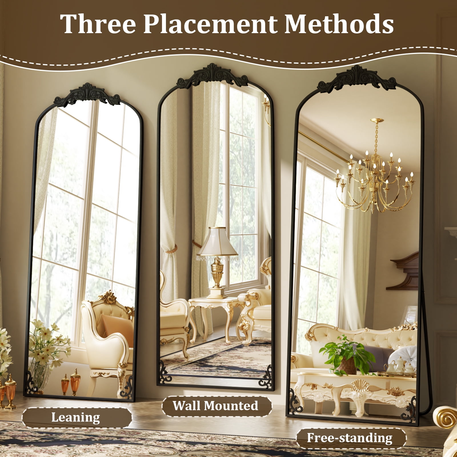 ‌Auromir‌ 21"x64" Vintage Arched Full Length Mirror Antique Metal Floor Mirror with Baroque Style, Black