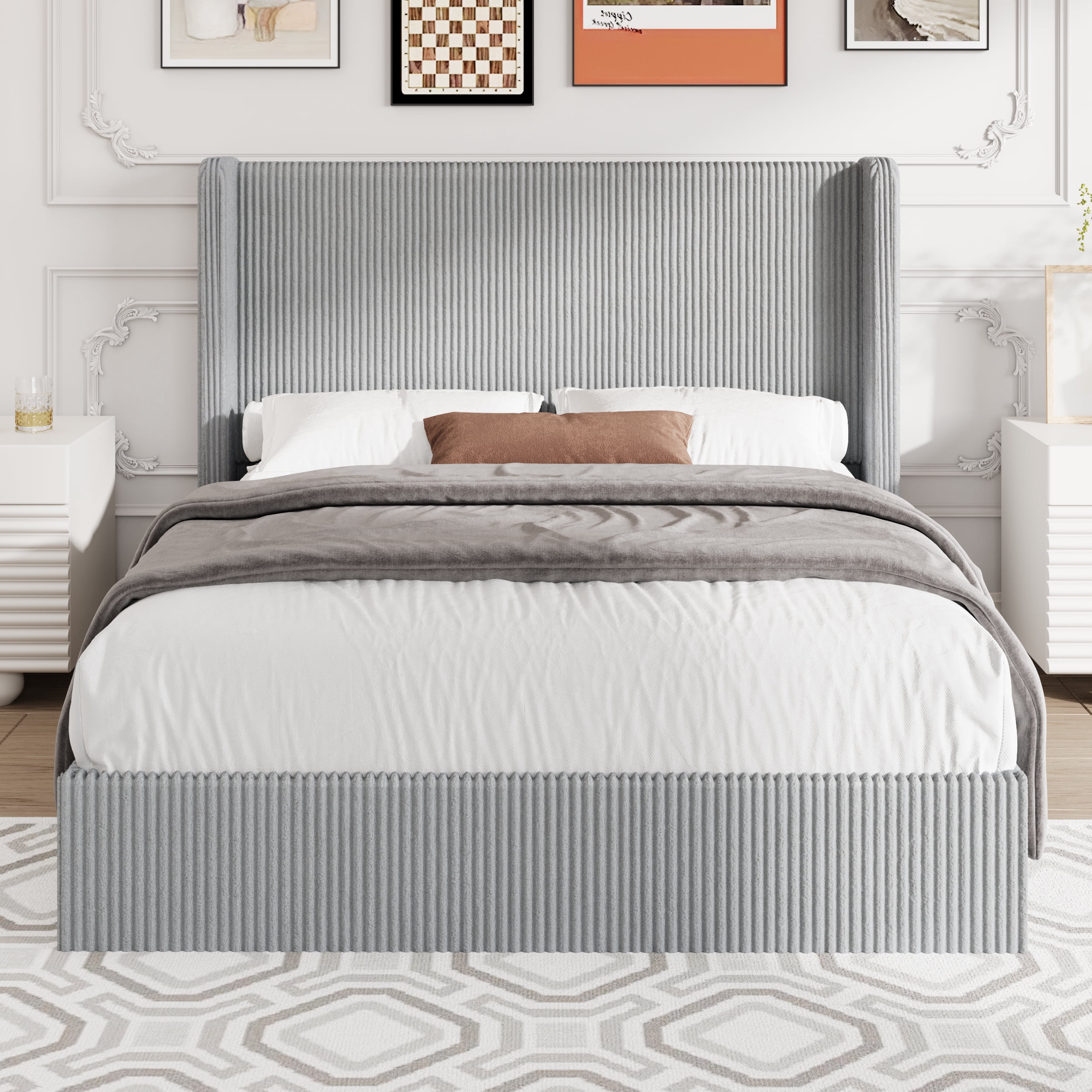 Amolife Full size Hydraulic Lift Storage Bed Frame with Wingback Headboard, Corduroy Upholstery, Gray