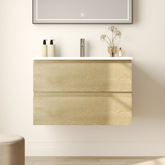 30" Wall Mounted Bathroom Vanity with Ceramic Sink Top, Pre-assembled Floating Bathroom Cabinet