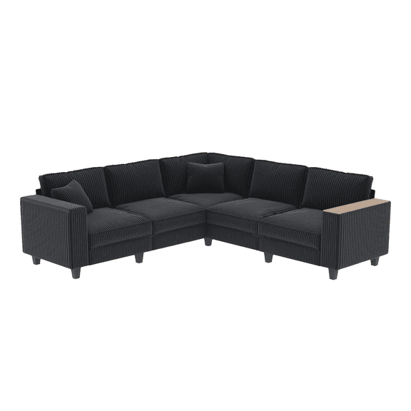 Modern L-Shaped Sectional Sofa, Corduroy Upholstered Modular Couch With Storage Armrest and Pillows for Living Room Office Apartment