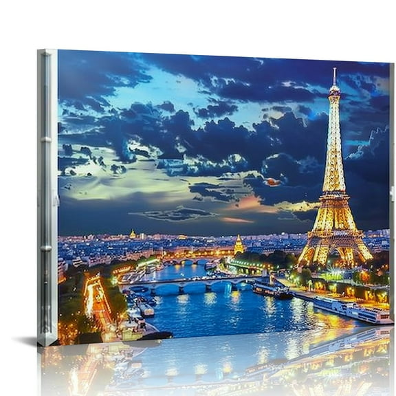 Pratyus Eiffel Tower River Seine Paris Night View Canvas Wall Art Decor Ready To Hang Room Home Art Decor 16x12in