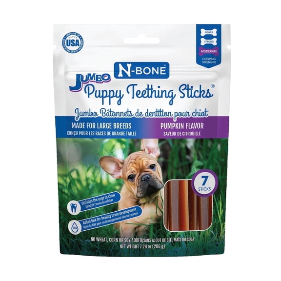 N-Bone Jumbo Puppy Teething Sticks, Dried Chew Sticks for Puppy Dogs, Pumpkin Flavor 7 Count, 7.28 oz, for Medium and Large Dogs, Natural & Safe Alternative to Plastic Chew Toys, Made in USA