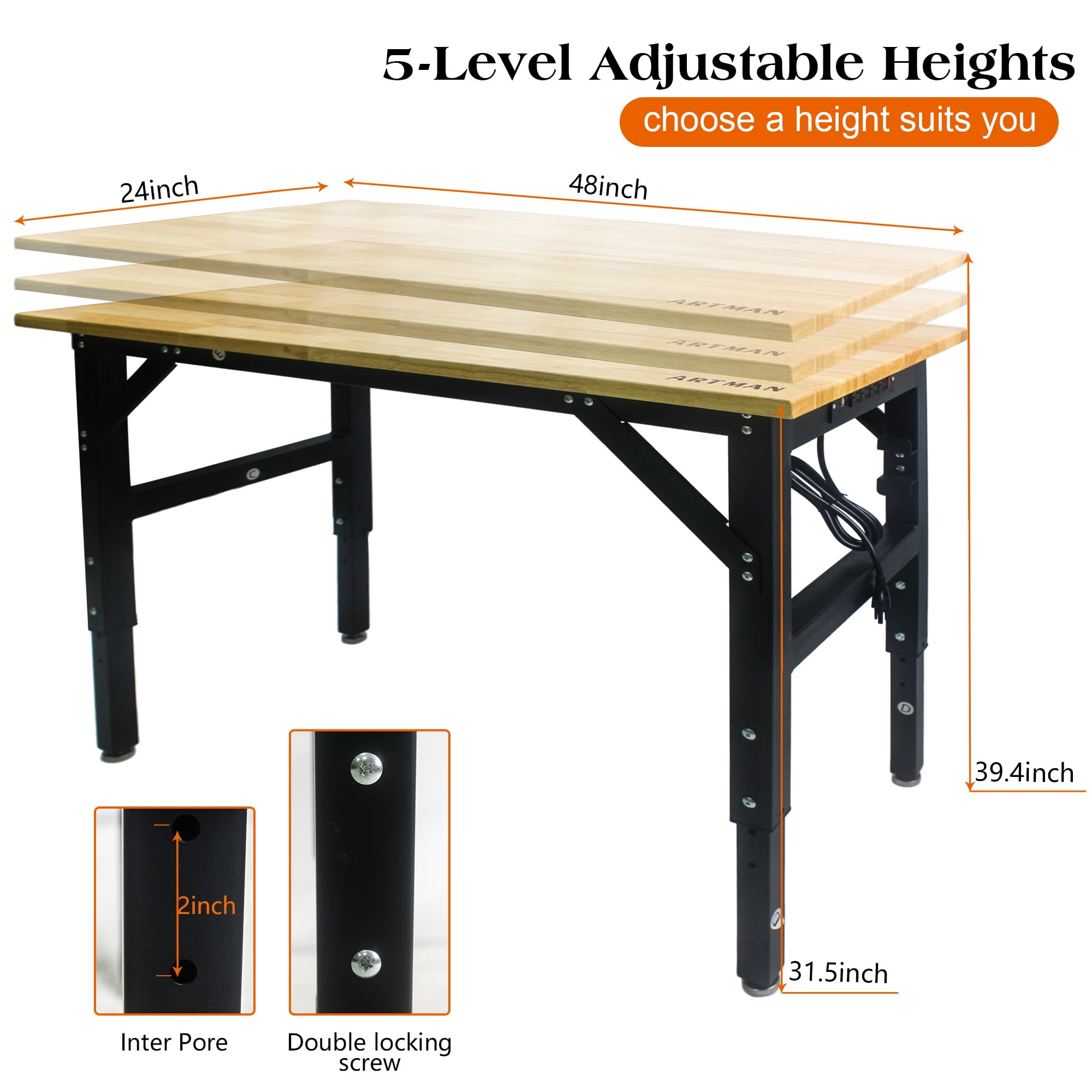 Aukfa Adjustable Workbench, 48" Heavy-Duty Worktable with Power Outlets for Garage, Shop, Office