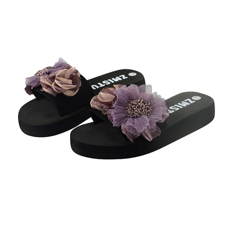 Foraging dimple Women Slippers Flower Beach Ladies Slippers Flip Flops  Beach Shoes Sandals Slippers Purple