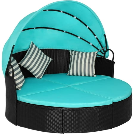 Outdoor Round Daybed Wicker Outdoor Furniture Patio Furniture with Retractable Canopy Rattan Separated Seating Sectional Sofa Blue Washable Cushioned and Three Pillow for Patio Backyard Porch Pool - Box 1 OF 2 only 