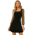 thumbnail image 1 of Minivestido Corto De Malla Transparente De Manga Larga Con Cuello Cuadrado De Terciopelo Y Estrella Brillante Para Mujer Negro M, 1 of 6