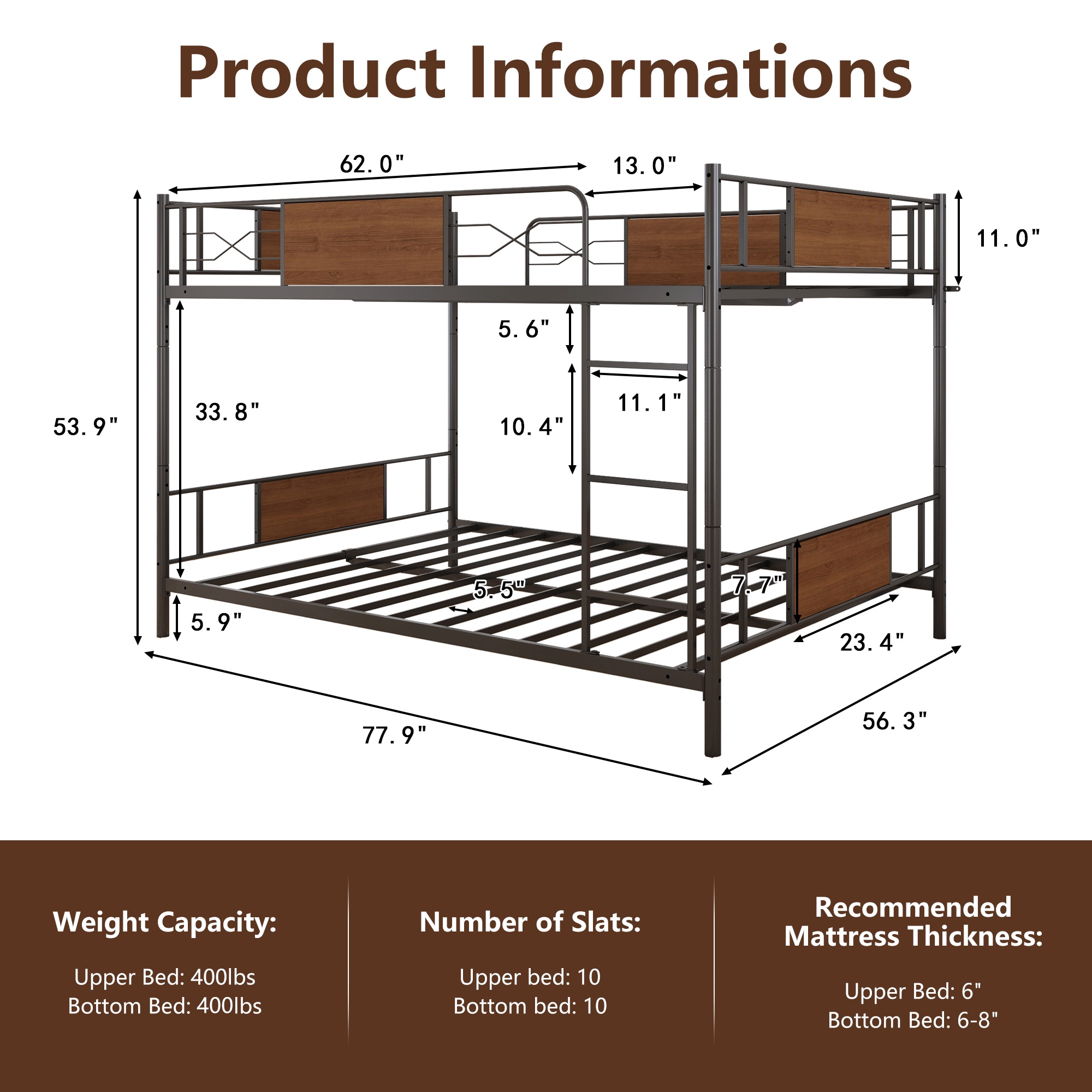 Full Over Full Bunk Beds with LED Lights and Charging Station, UHOMEPRO Metal Bunk Beds for Kids, Low Convertible Bunkbeds Full Size and No Box Spring Needed, Load-Bearing 500lb