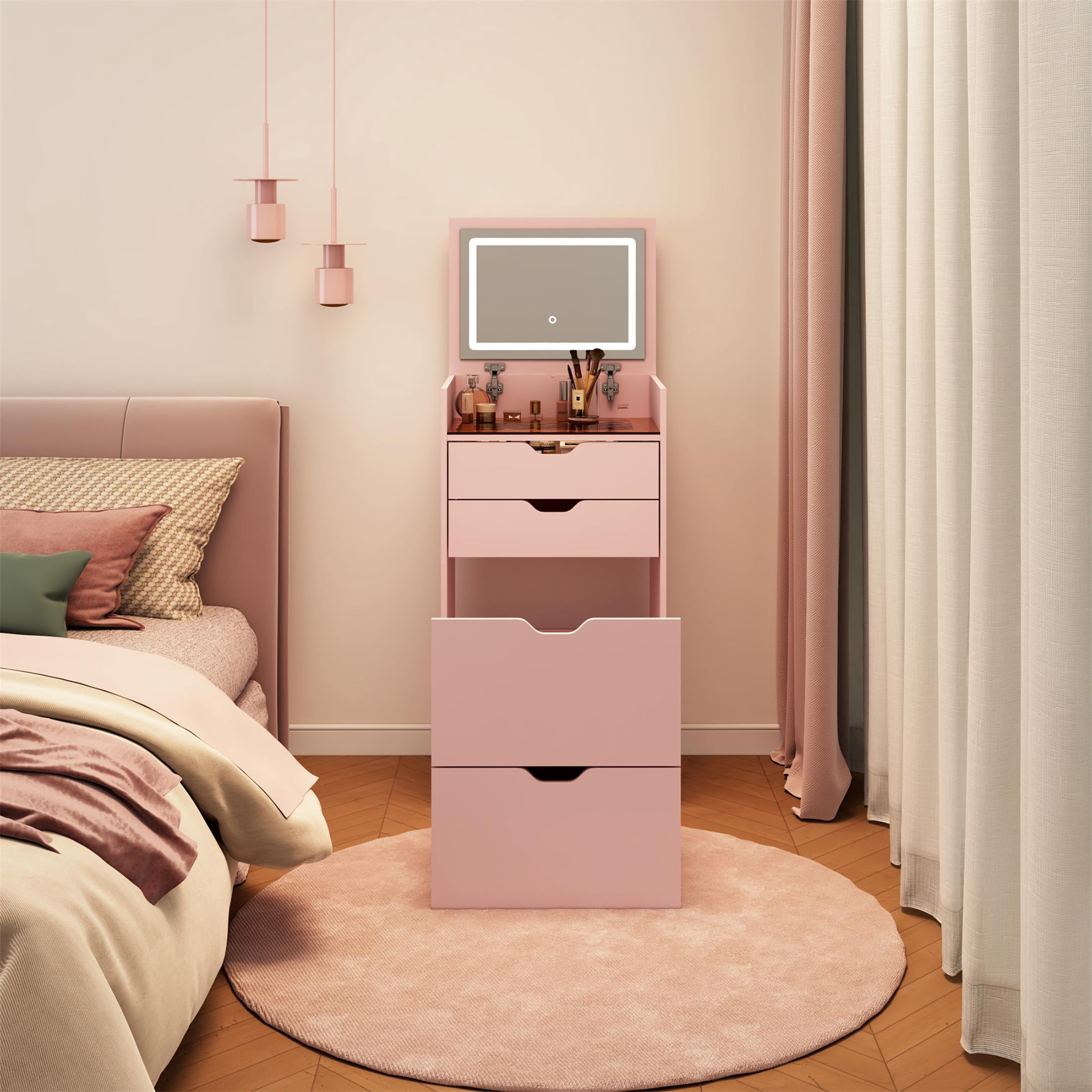 UHOMEPRO Pink Vanity Set with Mirror and a Hidden Storage Stool, 3-in-1 Multifunctional Dressing Table Set with with 3 Color Lighting Brightness Adjustable, Pretty Vanity Set for Girls, Women's Gift