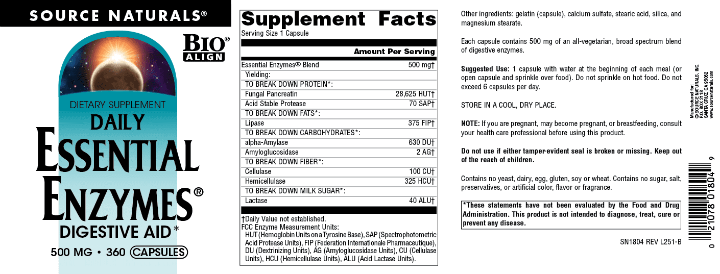 Source Naturals Essential Enzymes 500mg, Bio-Aligned Multiple Enzyme Supplement Herbal Defense for Digestion, Gas, Constipation & Bloating Relief - Digestive Aid* - 360 Capsules, 360 Servings