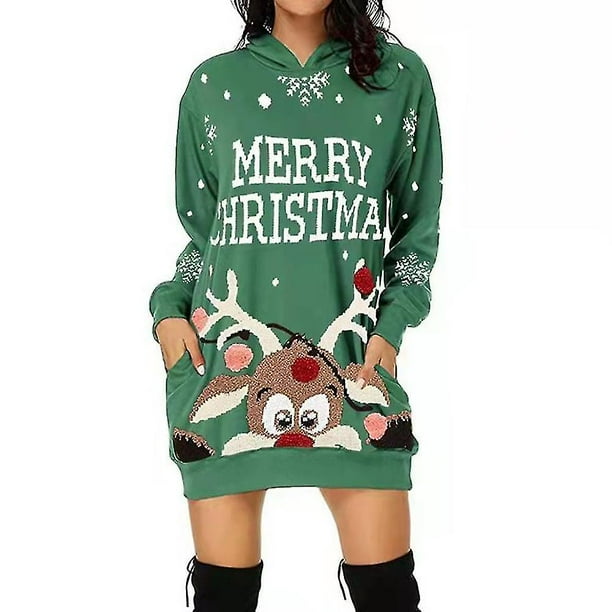 Women Christmas Hoodie Jumper Dress Party Hooded Mini Dresses Plus