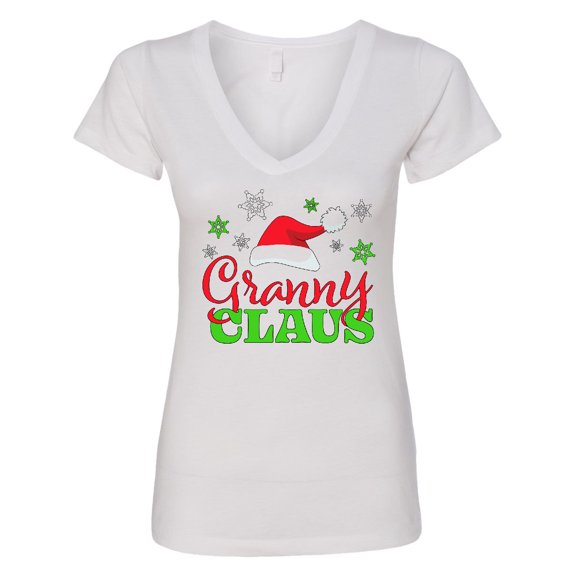 Inktastic Granny Claus with Christmas Santa Hat and Snowflakes Women's V-Neck T-Shirt