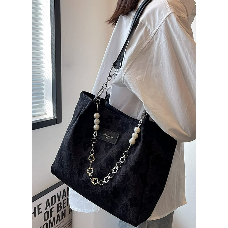 Pikadingnis Fashion Large Size Canvas Shoulder Bag for Women, Tote Handbag with PU Leather Strap, Adult Unisex, Size: One size, Black