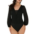 thumbnail image 1 of INSPIRAR CHIC Mono de Encaje de Cuello en V de Chifón con Mangas Abullonadas para Mujeres, Formal, Color Negro, 1 of 6