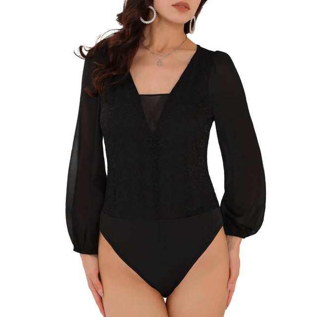 INSPIRAR CHIC Mono de Encaje de Cuello en V de Chifón con Mangas Abullonadas para Mujeres, Formal, Color Negro