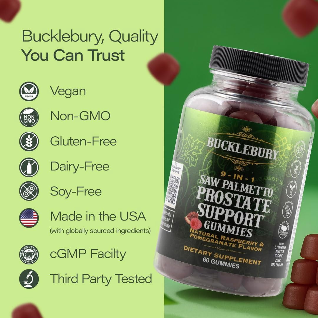 9-in-1 Saw Palmetto Gummies for Prostate and Urinary Support - Natural Raspberry and Pomegranate Flavour Plant-Based Dietary Supplement for Bladder Emptying and Hair Loss - 60 Gummies