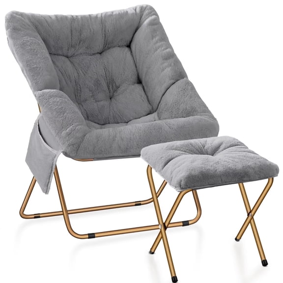 HABUTWAY Comfy Saucer Chair, Foldable Living Room Chairs, Soft Faux Fur Lounge Chair for Bedroom, Reading Chairs for Adults, Kids, X-Large (with Ottoman, Grey)