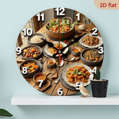 2D Flat 1pc 10Inch Wooden Clocks, Delicious Food Theme Design, Round Simple Wall Clock, Silent Clock, Suitable for Living Room, Bedroom, Office Decoration Modern Style Wall Clock Silent Operation