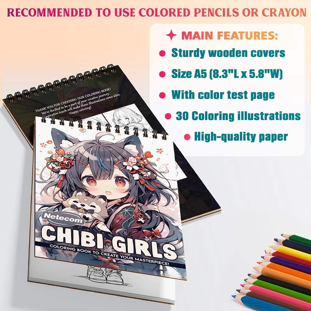 Netecom Chibi Girls Coloring Book Spiral Bound for Adults, A5 Wooden Cover, 30 Adorable Characters Coloring Pages of Fantasy Worlds for Stress Relief and Relaxation