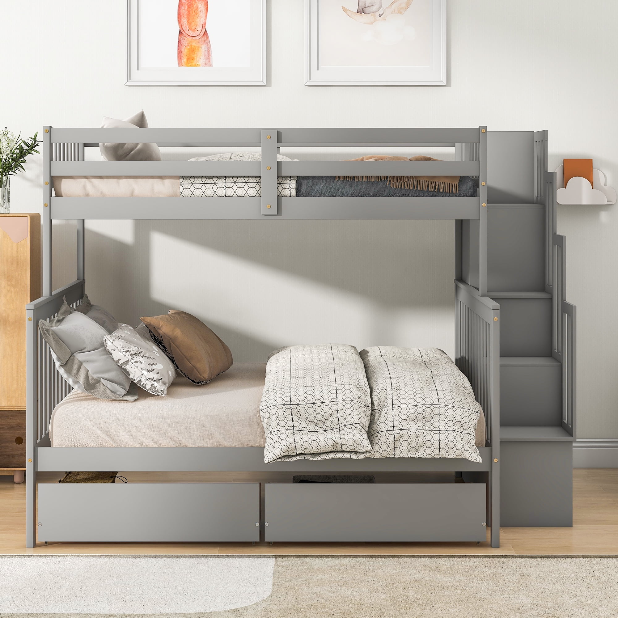 Twin Bunk Bed with 2 Drawers and Stairs, Converts to 2 Beds, Bunk Bed