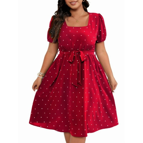 Women'S Plus Size Elegant Retro Polka Dot Waist Tie Square Neck Swing Dress Red 4XL