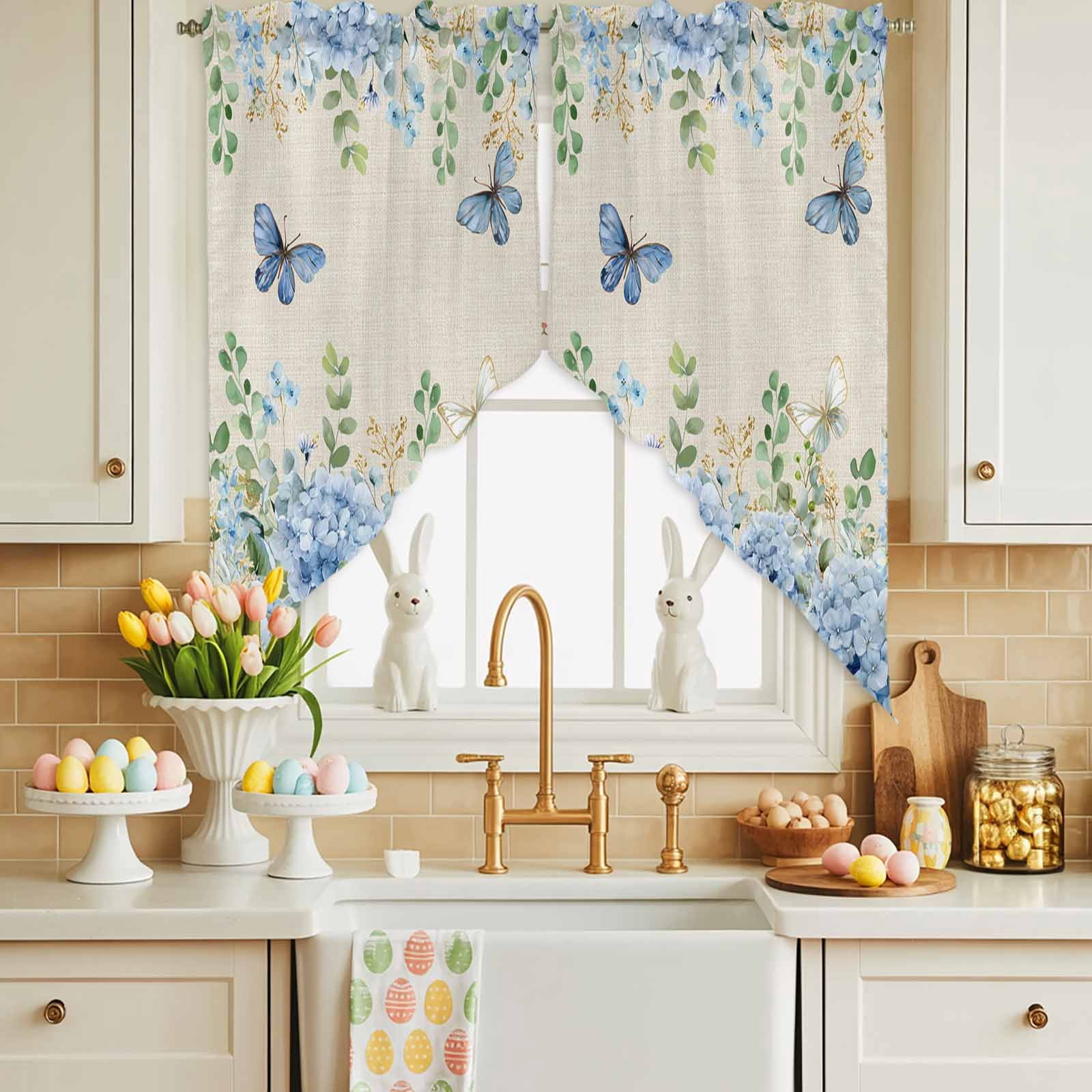 Blue Hydrangea Swag Kitchen Curtain Valances, Rustic Summer Blue Floral Butterfly Linen Texture Rod Pocket Curtains Window Treatment Decor Valances for Bedroom Bathroom, 2 Panels 36 x 36 Inch