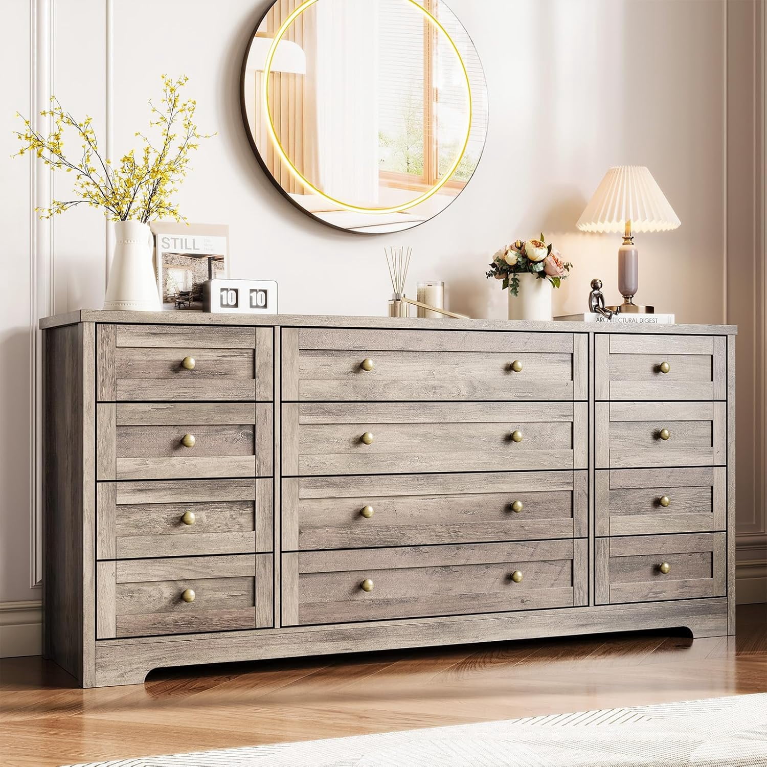 Twister.CK 12-Drawer Wooden Dresser, Modern Chest of Drawers & TV Stand for 65-Inch TV, Bedroom, Closet, Living Room, Hallway, Gray