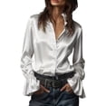 thumbnail image 2 of Women's Satin Button Down Shirt, Long Sleeve Bell Sleeve Blouse, Elegant Solid Color Collared Top for Wrinkle Resistant Formal Office Wear and Daily Outfits White L, 2 of 6