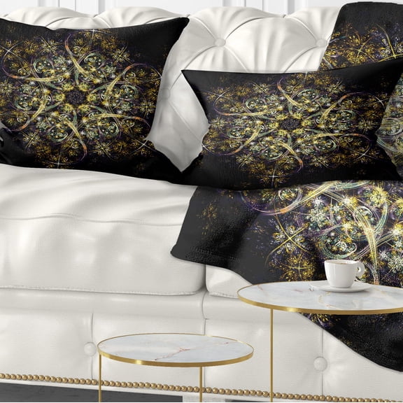 Designart Black Yellow Fractal Flower Pattern - Abstract Throw Pillow - 12x20