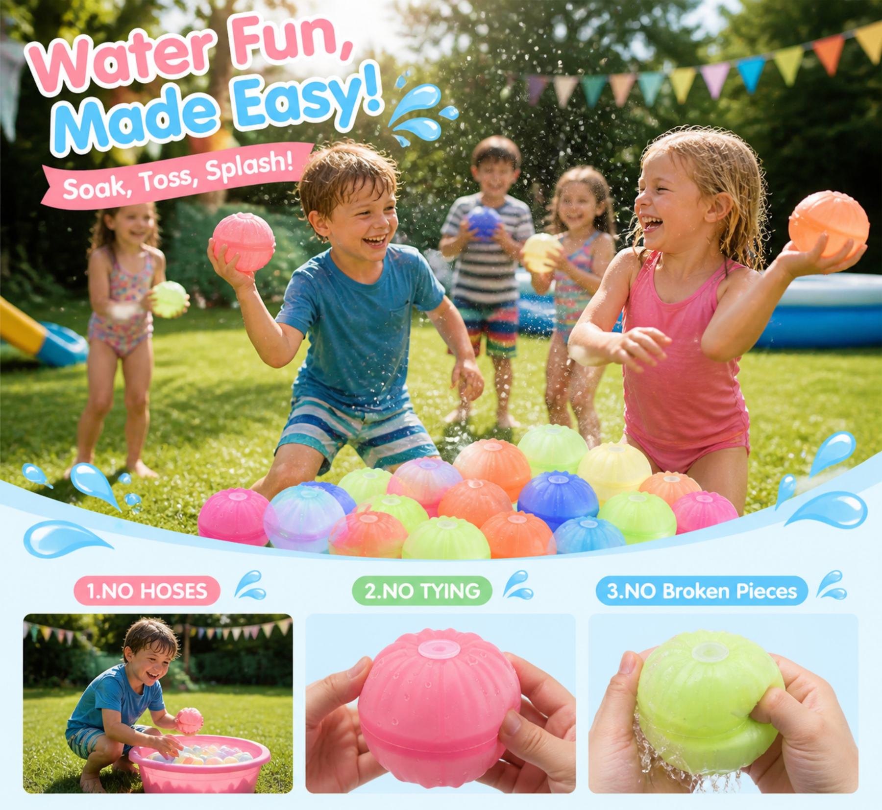 Bobby.Duck 16PCS Reusable Silicone Water Ball, Quick Fill & Self-Sealing Splash Balls for Kids, Unbreakable Water Toys for Water Fight, Pool, Beach, Summer Outdoor Games