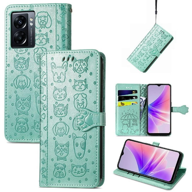 Funda Cartera FOXDOCK para OPPO A77 , Flip PU con Relieve de Gatos y Perros, Tarjetero y Soporte