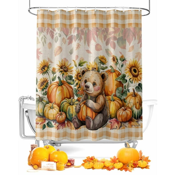 Fall Shower Curtain Brown Bear Pumpkin Bathroom Curtains with Hooks, Waterproof Fabric Sunflower Maple Leaves Linen Thanksgiving Bath Shower Curtains Set for Bathroom Bathtubs Decor 36x72 Inch