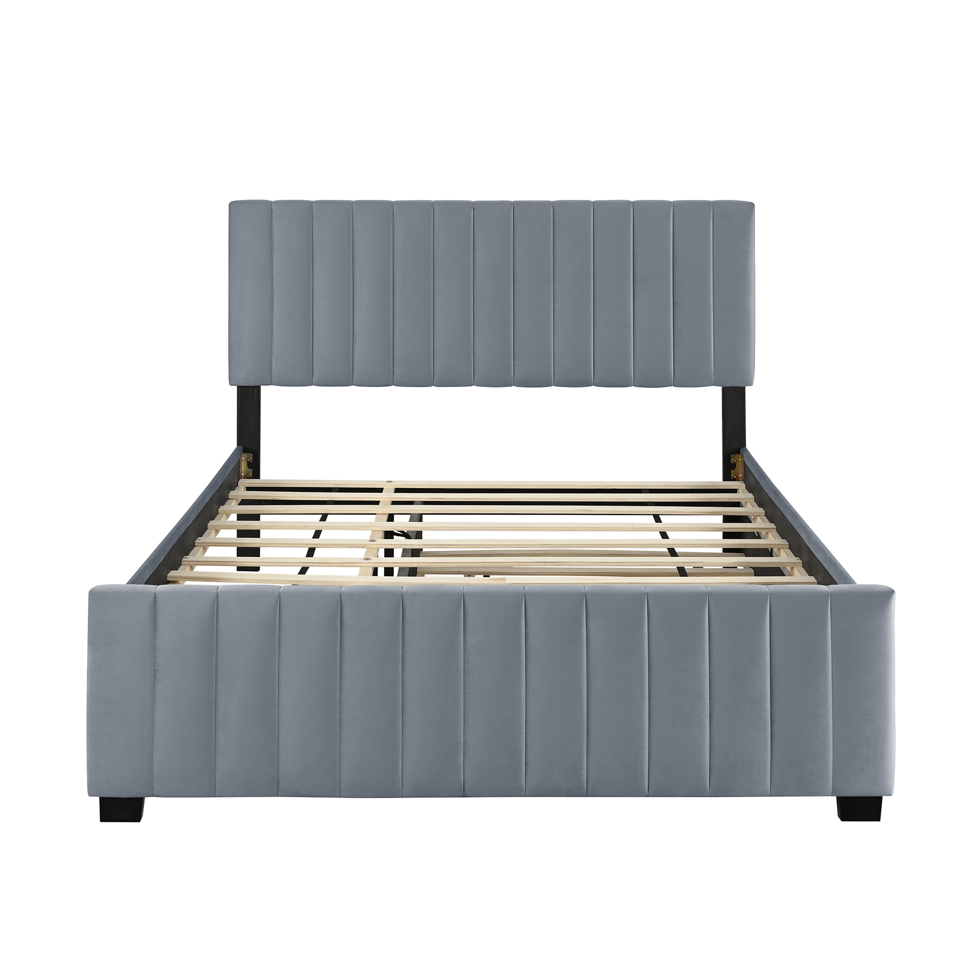 Queen Size Velvet Upholstered Platform Bed with Twin XL Trundle, Space Saving Bed Frame for Sleepovers and Guest Room, Gray