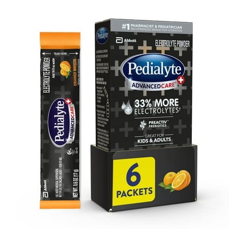 Pedialyte AdvancedCare Plus Electrolyte Drink Mix, Orange Breeze, 0.6 oz Packets, 6 Count