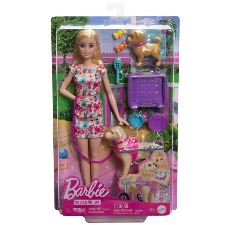 Barbie Doll Pup Playset with a Toy Pup and Dog in a Wheelchair Plus Pet Accessories 10 Pieces