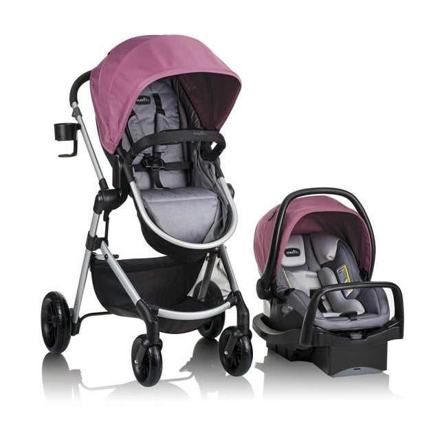 Sistema de viaje modular Evenflo Pivot con asiento infantil para automóvil LiteMax con barra antirrebote (rosa polvorienta)