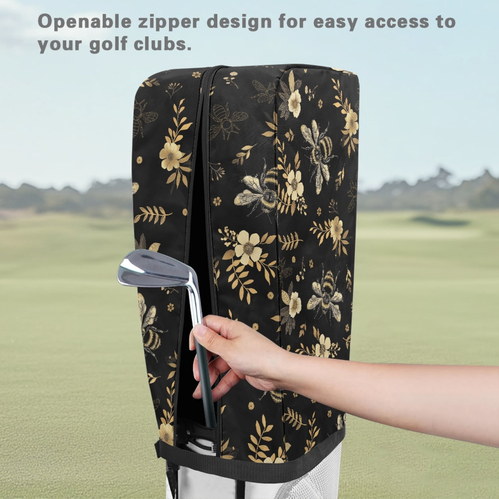 Yuyamidu Cute Bee Golf Bag Cover Flowers Hood Golf Bag Umbrella for Clubs with Snap Button One Size Fit Most Stand Bags, Dust and Sun Protection