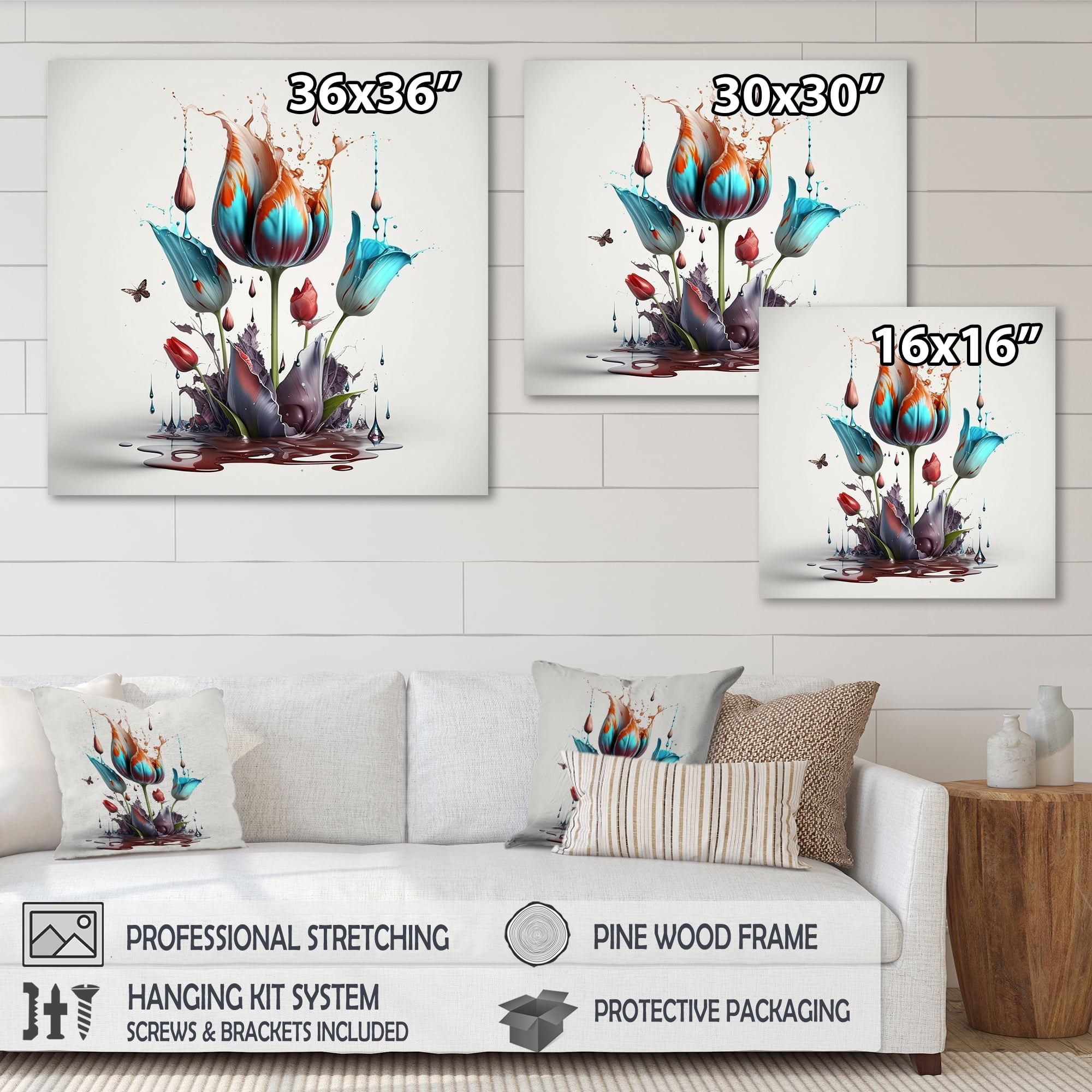 Designart Blue Tulip Paint Drop Canvas Wall Art