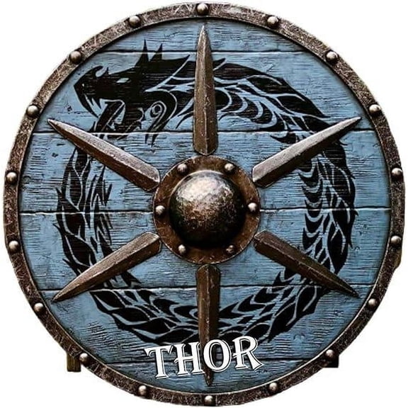 THOR INSTRUMENTS Medieval Viking Larp Warrior Wood & Steel Dragon Round shield 24" Rustic Vintage Home Decor Gifts