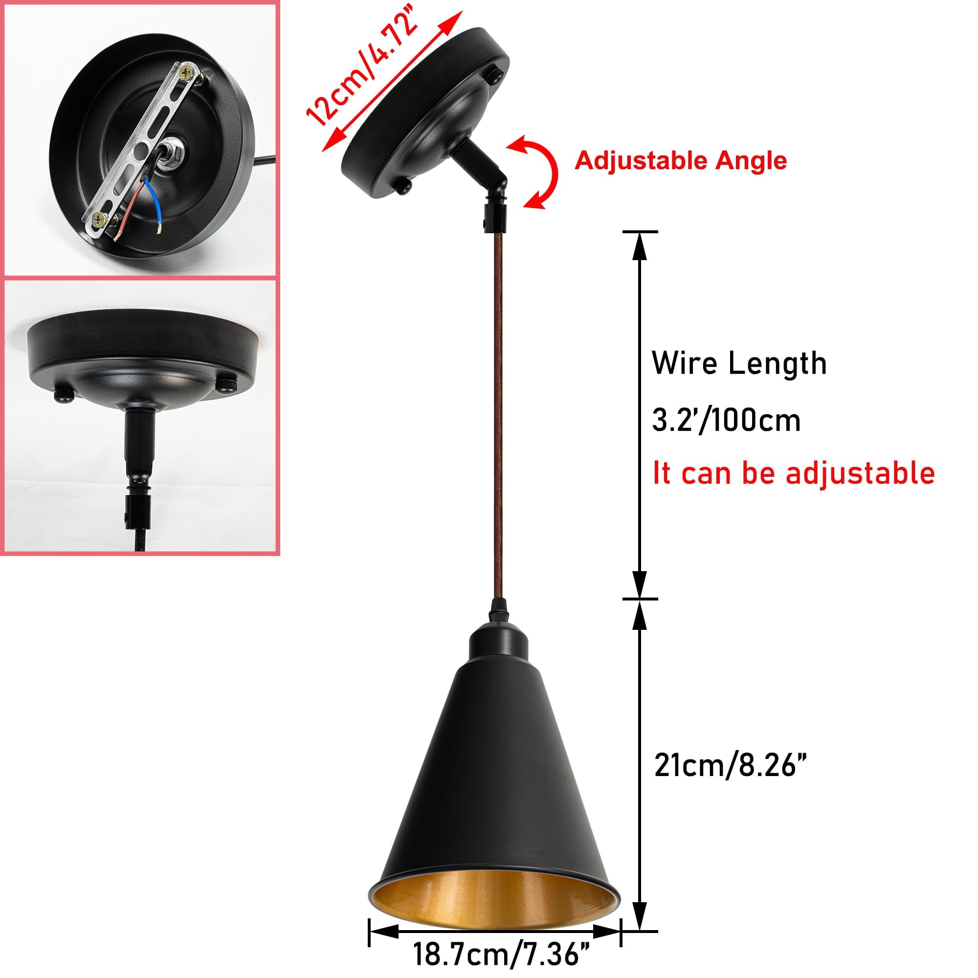 KAYYELAMP 3-Pack Sloped Position 3.2 Ft Adjusted Brown Cord Ceiling Light Fixture E26 Base Inner Gold Cone Shade Black Vintage Remote Dimmable Hanging Lamp for Inclined Roof