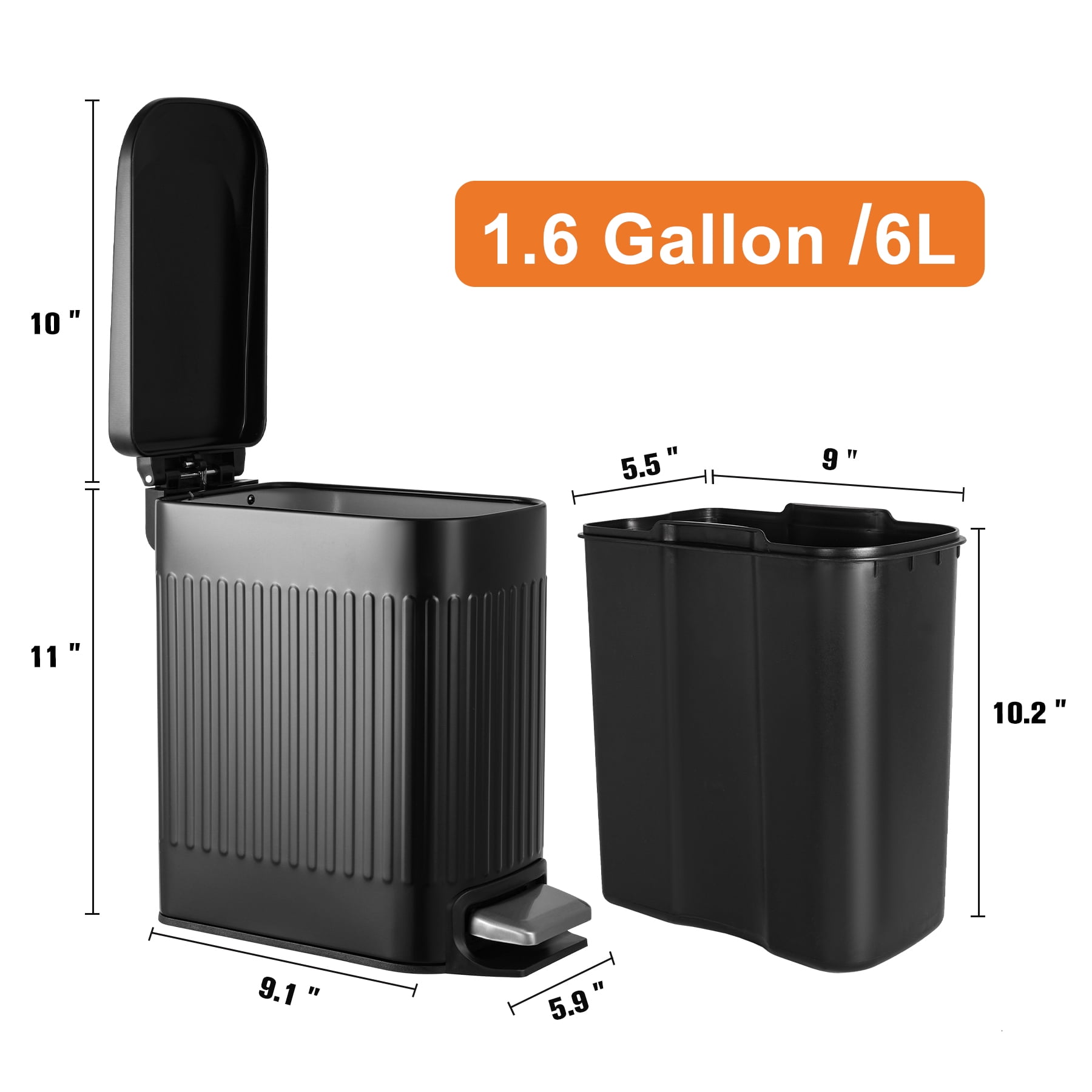 TrashAid 1.6 Gallon Bathroom Trash Can with Lid, Small Stainless Steel Garbage Bin, Black