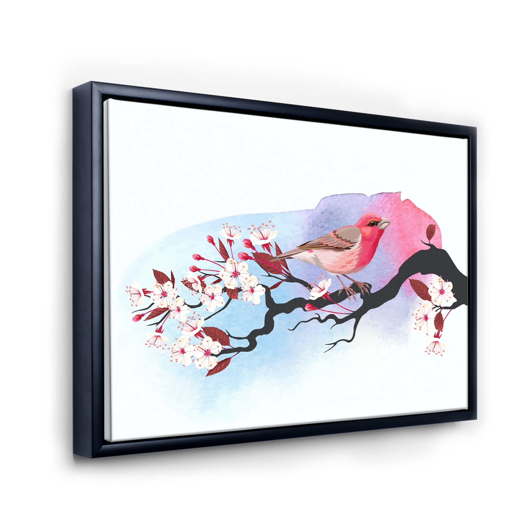 Pink Bird Sitting On Cherry Branch 20 in x 12 in Framed Painting Canvas Art Print, by Designart