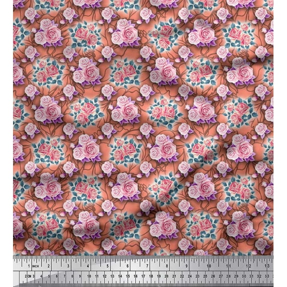 Soimoi Velvet Fabric Leaves & Rose Floral Printed Fabric 1 Yard 58 Inch Wide